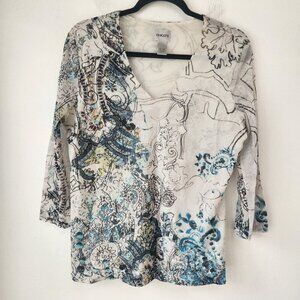 Chico's Cream Geometric Sheer Long Sleeve Shirt Y2K Burnout Tee T-Shirt 2 (L,12)